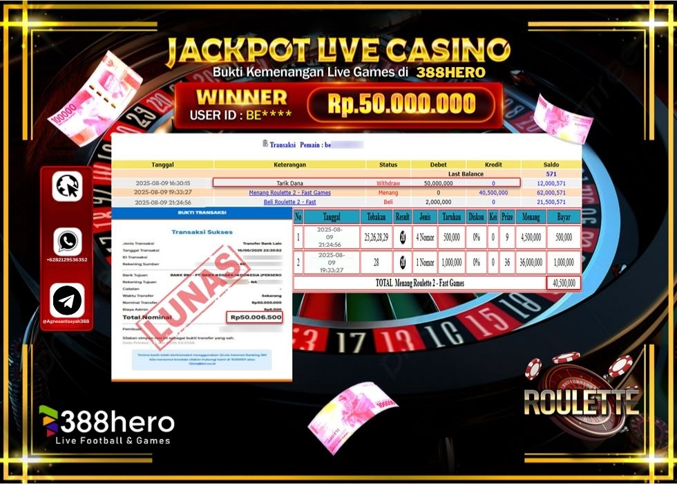388HERO JACKPOT LIVE GAMES ROULETE 2 – FAST GAMES Rp.50.000.000.,- LUNAS
